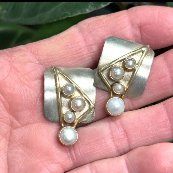 vintage Jewelry - Vintage Artisan Sterling Silver Gold Plate Fresh Water Pearl Pierced Earrings